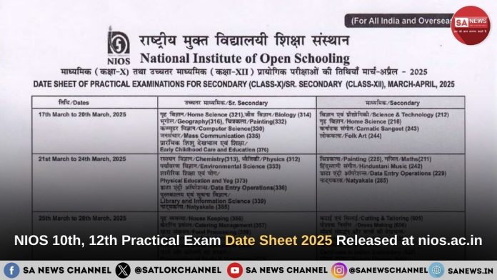 NIOS 10th, 12th Practical Exam Date Sheet 2025 Released at nios.ac.in – Check Full Schedule