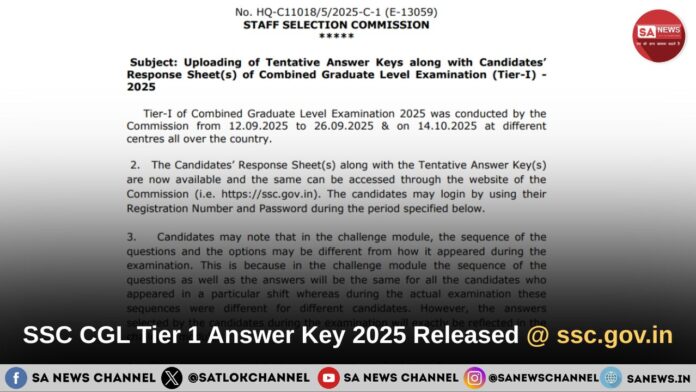 SSC CGL Tier 1 Answer Key 2025 Released @ ssc.gov.in Check Response Sheet