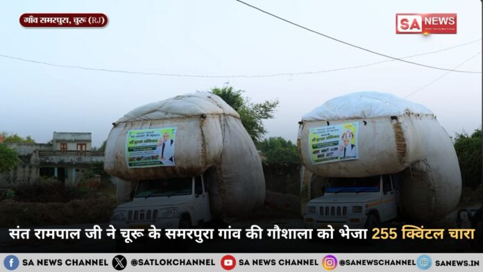संत रामपाल जी महाराज ने चूरू के समरपुरा गांव की गौशाला को भेजा 255 क्विंटल चारा