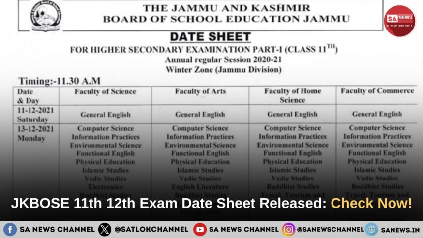 JKBOSE 11th 12th Exam Date Sheet Released: Check Now!
